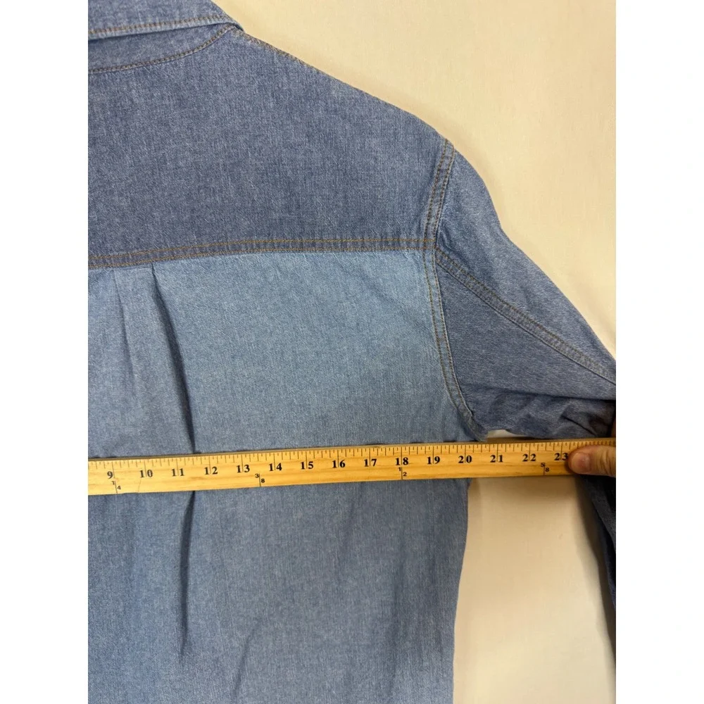 True‎ Religion Mens Two Tone Denim Utility Shirt Blue Colorblock Button Down M